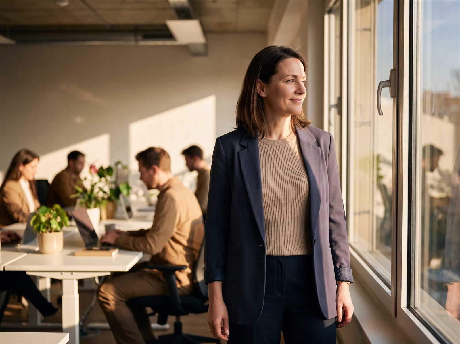 A business owner looking ahead while her team works