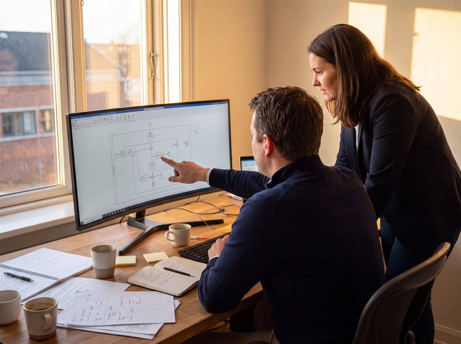 Two colleagues reviewing a workflow together